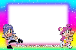 Moldura Personagens - Puffy Amiyumi Ami e Yumi (Hi Hi Puffy AmiYumi), moldura retangular dividida, fundo arco-íris neve.