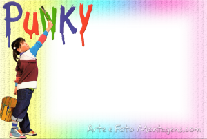 Moldura Personagens - Punky A Levada Da Breca Punky Brewster pintando 'PUNKY', moldura retangular branca borda texturizada, fundo arco-íris.