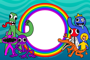 Moldura Personagens - Rainbow Friends Monstros coloridos Rainbow Friends, moldura circular preta borda arco-íris, fundo azul-petróleo ondas.