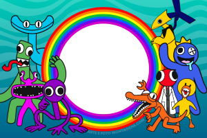 Moldura Personagens - Rainbow Friends Outro grupo monstros Rainbow Friends, moldura circular preta borda arco-íris, fundo azul-petróleo ondas.