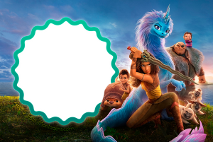 Moldura Personagens - Raya Raya, Sisu, outros (Raya e o Último Dragão), moldura verde-água borda branca ondulada.