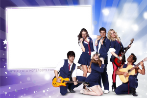 Moldura Personagens - Rebelde Brasil Elenco novela Rebelde Brasil, instrumentos, moldura retangular branca, fundo roxo azul luzes.