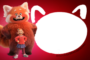 Moldura Personagens - Red Crescer E Uma Fera Mei Lee panda vermelho gigante e humana (Red: Crescer é uma Fera), moldura circular vermelha preta orelhas panda, fundo vermelho.