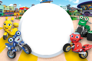 Moldura Personagens - Ricky Zoom Motocicletas Ricky, Loop, Scootio, DJ (Ricky Zoom), moldura circular preta borda branca, cidade.