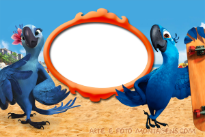 Moldura Personagens - Rio Jade Blu Araras Blu e Jade (Rio), praia, moldura oval laranja borda preta.