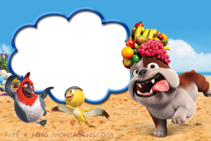 Moldura Personagens - Rio Bulldog Luiz, pássaros Nico e Pedro (Rio), praia, moldura azul formato balão fala.