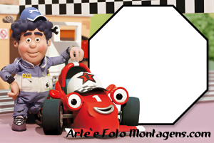Moldura Personagens - Roary Roary Carrinho Corrida, mecânico Chris, moldura octogonal preta borda fina.