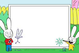 Moldura Personagens - Simon Coelhos Simon e Gaspard desenhando, quadro negro moldura, jardim.