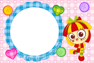 Moldura Personagens - Sitio Do Pica Pau Amarelo Emilia Emília Sítio Picapau Amarelo, moldura circular azul borda costura, fundo rosa quadriculado corações botões.