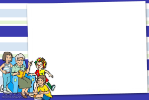 Moldura Personagens - Sitio Pica Pau Amarelo Dona Benta, Pedrinho, Narizinho, Emília (Sítio Picapau Amarelo clássico), moldura retangular branca, fundo listrado azul.