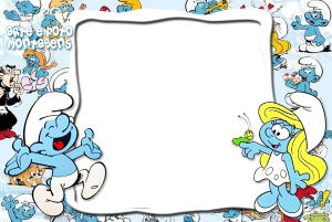 Moldura Personagens - Smurfs Desenho Papai Smurf, Smurfette, Smurfs clássicos, Gargamel, Cruel, moldura branca irregular, fundo estampa Smurfs.