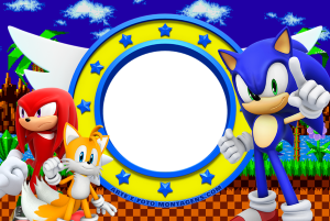 Moldura Personagens - Sonic Sonic, Tails, Knuckles, moldura circular azul estrelas amarelas, fundo jogo Sonic clássico.