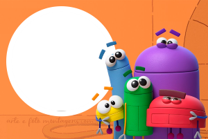 Moldura Personagens - Story Bots Grupo StoryBots coloridos, moldura circular branca, fundo laranja.