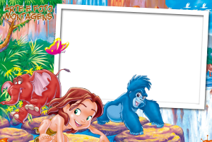 Moldura Personagens - Tarzan Tarzan, Tantor, Terk (Tarzan Disney), moldura retangular borda branca (polaroid), fundo selva cachoeira.