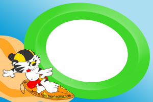 Moldura Personagens - Tigor Tigrão surfando, moldura circular verde grande, fundo praia céu.