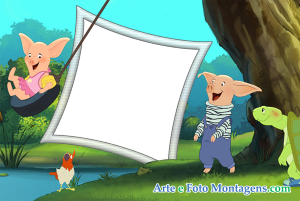 Moldura Personagens - Toot E Puddle Porquinhos Toot e Puddle brincando lago, moldura cinza formato vela navio.