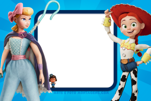 Moldura Personagens - Toy Story Betty Jessie Giggle Betty e Jessie (Toy Story), moldura azul escura cantos arredondados, fundo azul raios.