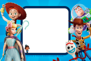 Moldura Personagens - Toy Story Jessie, Betty, Garfinho, Woody, Buzz Lightyear (Toy Story 4), moldura azul escura cantos arredondados, fundo azul raios.