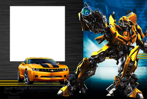Moldura Personagens - Transformers Bumblebee Transformers (robô e carro), moldura preta cinza, fundo metálico.