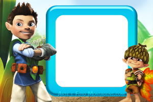Moldura Personagens - Tree Fu Tom Tom e Twigs (Tree Fu Tom), moldura quadrada branca cantos arredondados borda azul, fundo floresta.
