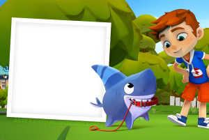 Moldura Personagens - Tubacao Max Tubarão-martelo Max animado, moldura retangular vertical branca borda preta (polaroid), fundo verde-água ondas.