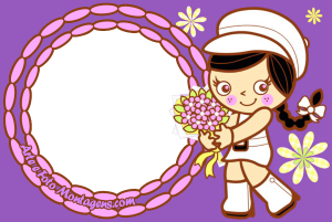 Moldura Personagens - Tutti Cuti Menina Tutti Cuti, buquê, moldura oval rosa borda trançada marrom, fundo roxo flores.