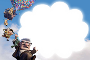Moldura Personagens - Up Carl, Russell, Dug (Up Altas Aventuras), casa voadora, moldura branca formato nuvem, fundo céu.