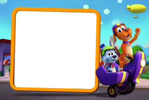 Moldura Personagens - Vai Cachorro Vai Go Dog Go Cão e coelho (Vai, Cachorro. Vai!), scooter, moldura laranja cantos arredondados, fundo cidade balão.