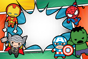 Moldura Personagens - Vingadores Mini Vingadores chibi (Homem Ferro, Thor, Capitão América, Hulk, Homem-Aranha), moldura preta formato explosão, fundo quadrinhos.