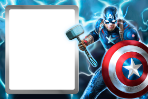 Moldura Personagens - Vingadores Ultimato 3 Capitão América empunhando Mjolnir, moldura cinza formato cristal, fundo azul raios.