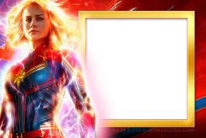 Moldura Personagens - Vingadores Capita Marvel Capitã Marvel poderes, moldura retangular vertical branca borda dourada, fundo vermelho azul cósmico.