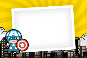 Moldura Personagens - Vingadores Capitao America Mini Baby Capitão América chibi, moldura rosa claro distorcida borda vermelha, fundo cidade cinza.