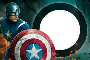 Moldura Personagens - Vingadores Capitao America Capitão América quadrinhos, moldura retangular preta borda branca (polaroid), fundo cidade céu amarelo.