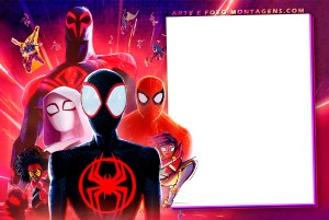 Moldura Personagens - Vingadores Homem Aranha Miles Morales Atraves Aranhaverso Personagens Homem-Aranha Aranhaverso (Miles, Gwen, Peter B.), moldura retangular vertical branca borda pink, fundo arte filme.