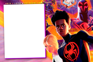 Moldura Personagens - Vingadores Homem Aranha Miles Morales Atraves Aranhaverso2 Miles Morales e Gwen Stacy (Homem-Aranha Aranhaverso), moldura retangular vertical branca borda pink, fundo arte filme.