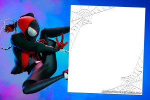 Moldura Personagens - Vingadores Homem Aranha Spider Milesmorales Teia Homem-Aranha Miles Morales saltando, moldura retangular vertical branca cantos teia, fundo azul roxo.