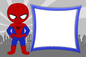 Moldura Personagens - Vingadores Homem Aranha Homem-Aranha Tobey Maguire, pose ação, moldura preta formato escudo metálico, fundo cidade.