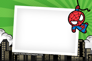 Moldura Personagens - Vingadores Homem Aranha Mini Baby Homem-Aranha chibi, moldura lilás distorcida borda azul, fundo cidade cinza.