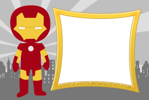 Moldura Personagens - Vingadores Homem De Ferro Homem de Ferro voando, moldura quadrada amarela cantos arredondados, fundo cinza escuro.