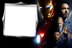 Moldura Personagens - Vingadores Homem De Ferro Ironman Homem de Ferro chibi, moldura bege distorcida borda amarela, fundo cidade cinza.