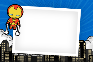 Moldura Personagens - Vingadores Homem De Ferro Mini Baby Homem de Ferro quadrinhos voando, moldura retangular preta borda branca (polaroid), fundo cidade céu azul.