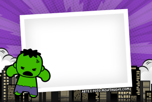 Moldura Personagens - Vingadores Hulk Mini Baby Hulk quadrinhos irritado, moldura retangular preta borda branca (polaroid), fundo cidade céu roxo.