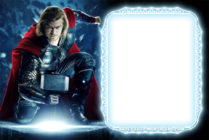 Moldura Personagens - Vingadores Thor Thor filme, Mjolnir, moldura retangular vertical azul clara borda branca brilhante, fundo escuro tempestuoso.