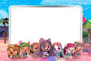 Moldura Personagens - Vip Pets Grupo cachorrinhos VIP Pets, moldura retangular cinza claro, fundo cidade praia.