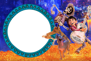 Moldura Personagens - Viva A Vida E Uma Festa Coco Miguel, Hector, Dante (Viva A Vida é uma Festa), moldura circular verde-escura borda estampada, fundo pétalas cempasúchil.