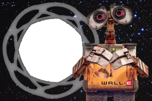 Moldura Personagens - Wall E Robô Wall-E, moldura cinza claro formato órbita, fundo espaço estrelado.