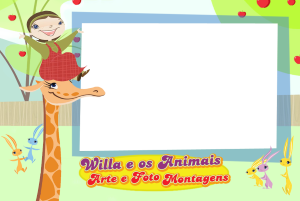 Moldura Personagens - Willa Eosanimais Willa e animais (girafa, coelhos), logo Willa e os Animais, moldura retangular branca, fundo parque.