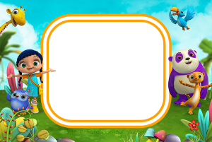 Moldura Personagens - Wissper Menina Wissper, animais (pássaro, panda, tigre), moldura oval laranja borda branca, fundo selva céu.