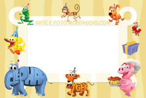 Moldura Personagens - Word World Animais letras WordWorld (Sapo, Macaco, etc.), festa, moldura retangular branca borda preta, fundo bege.