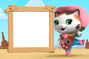 Moldura Personagens - Xerife Callie Gata Xerife Callie, violão, moldura madeira formato janela saloon, fundo deserto.